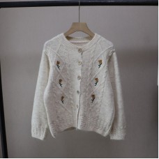 Round Neck Sweet Youthful Floral Embroidery Versatile Cardigan Sweater for Women