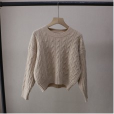 Round Neck Youthful Cable Knit Slim Fit Versatile Short Pullover Sweater for Women