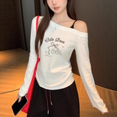 Cute Cartoon Top for WomenSpring and Autumn New Style Sweet and Spicy LookOff-Shoulder DesignVersatile and Youthful