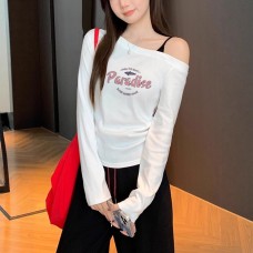 Spring and Autumn New Style Cartoon Letter Print Fashion Versatile Strap Shoulder-Baring Design Slim Fit Women's Top Spring and Autumn New Style Cartoon Letter Print Fashion Versatile Strap Shoulder-Baring Design Slim Fit Women's Top