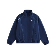 Topstitch Deconstructed Stand-Up Collar Casual Sport Zip-Up Jacket