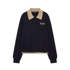 Color blocked patchwork polo collar knit sweater