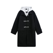 Color-block Faux Two-piece Woolen Hooded Quilted Long Coat