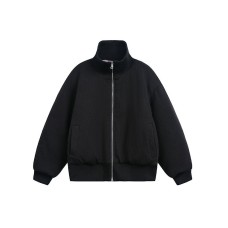 Minimalist Textured Zip-Up Stand Collar Cotton Coat