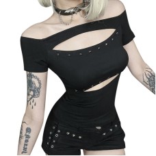 Dark style one shoulder rhinestone cut waist short top for women