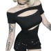 Dark style one shoulder rhinestone cut waist short top for women