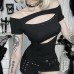 Dark style one shoulder rhinestone cut waist short top for women