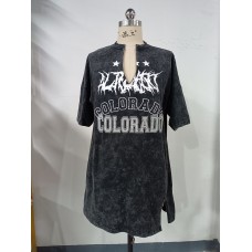 Deep V-Neck Vintage Washed Loose Fit Letter Print 