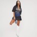 Deep V-Neck Vintage Washed Loose Fit Letter Print 