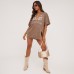 Deep V-Neck Vintage Washed Loose Fit Letter Print 