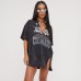 Deep V-Neck Vintage Washed Loose Fit Letter Print 