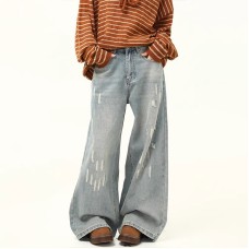 Vintage Distressed Ripped Design Denim Pants Women's  Loose Wide Leg Floor-Length Dad Pants Trendy