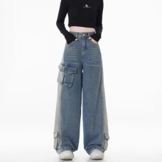 Vintage Cargo Denim Pants High Waist Concealing Hip Straight Leg Wide Leg Long Trousers