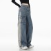 Vintage Cargo Denim Pants High Waist Concealing Hip Straight Leg Wide Leg Long Trousers