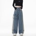 Vintage Cargo Denim Pants High Waist Concealing Hip Straight Leg Wide Leg Long Trousers