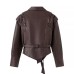 Street style single breasted waist cinched leather jacket