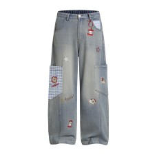 Embroidery Patchwork Jeans Unisex Unique Design Loose Casual Wide Leg Pants Embroidery Patchwork Jeans Unisex Unique Design Loose Casual Wide Leg Pants