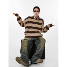 Retro Stripe Crew Neck Sweater Women Casual Loose Oversized Pullover Knit Top