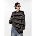 Retro Stripe Crew Neck Sweater Women Casual Loose Oversized Pullover Knit Top