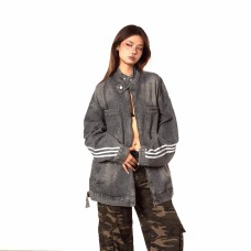 Style Color-Blocking Washed Denim Jacket for Women, Loose Fit, Style Webbing Streetwear Coat Top