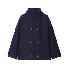 Double breasted stand up collar long sleeved woolen fabric