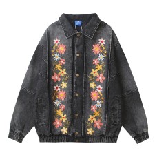 Embroidered Floral Washed Turn-Down Collar