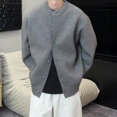 Retro Gray Knit Cardigan for Men,  Lazy Style Clean Fit Baseball Collar Sweater Jacket