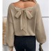 V-neck solid color loose bow top for women