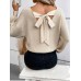 V-neck solid color loose bow top for women