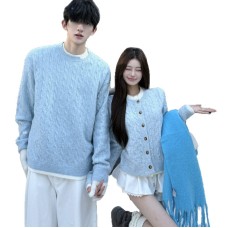 Knitted Cardigan Coat for Women with Fake Two-Piece Spliced Design, Casual Atmosphere Style Blue Sweater for Men Couple Outfits