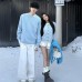Knitted Cardigan Coat for Women with Fake Two-Piece Spliced Design, Casual Atmosphere Style Blue Sweater for Men Couple Outfits