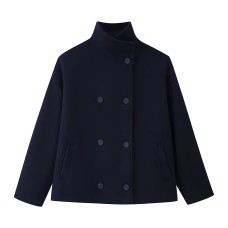Stand up collar double breasted short woolen jacket