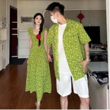Couple Outfits Summer Chiffon Floral Dress for Women Long Dress for Vacation Travel Photography Beach Resort Dress Men's Shirt