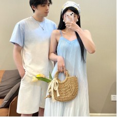 Casual Gradient Blue Strap Pleated Dress for Women  Men's Short Sleeve T-Shirt Set Summer Beach Vacation Style Photo-Worthy Outfit