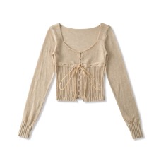 Square collar long sleeved single breasted slim fit top