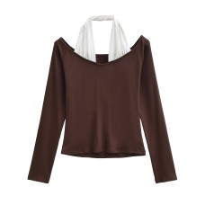 Slim fit and contrasting color one shoulder hanging neck long sleeved T-shirt