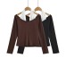 Slim fit and contrasting color one shoulder hanging neck long sleeved T-shirt