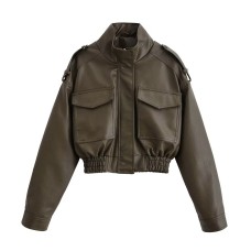Pocket decoration imitation leather jacket