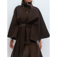 Fashionable Solid Color Cape Collar Buttoned Belted Trench Coat for Women