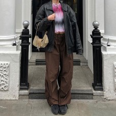 Fashionable Low-Waist Wide-Leg Cargo Pants with Drawstring and Large Pockets for Women Fashionable Low-Waist Wide-Leg Cargo Pants with Drawstring and Large Pockets for Women