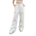 Fashionable Low-Waist Wide-Leg Cargo Pants with Drawstring and Large Pockets for Women