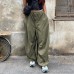 Fashionable Low-Waist Wide-Leg Cargo Pants with Drawstring and Large Pockets for Women
