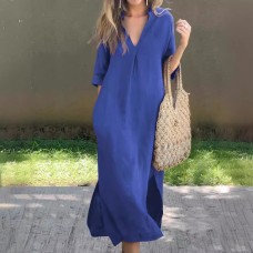 Fashionable Women's Summer V-Neck 3/4 Sleeve Dress with Side Slits, Pockets, and Chest Pleats