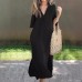 Fashionable Women's Summer V-Neck 3/4 Sleeve Dress with Side Slits, Pockets, and Chest Pleats