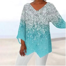 Style Plus Size Women's Summer Casual Loose Irregular Print Long Sleeve V-Neck Top