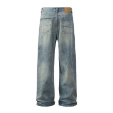 Straight Leg Washed Denim Pants Unisex Slim Fit Design Casual Long Pants 