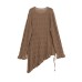 Lace up pleated round neck long sleeved knitted sweater