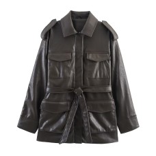 Pocket decoration imitation leather jacket