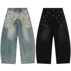 Creative Denim Pants  Patchwork Print Decoration, Mid-Waist Casual Jeans