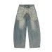 Creative Denim Pants  Patchwork Print Decoration, Mid-Waist Casual Jeans